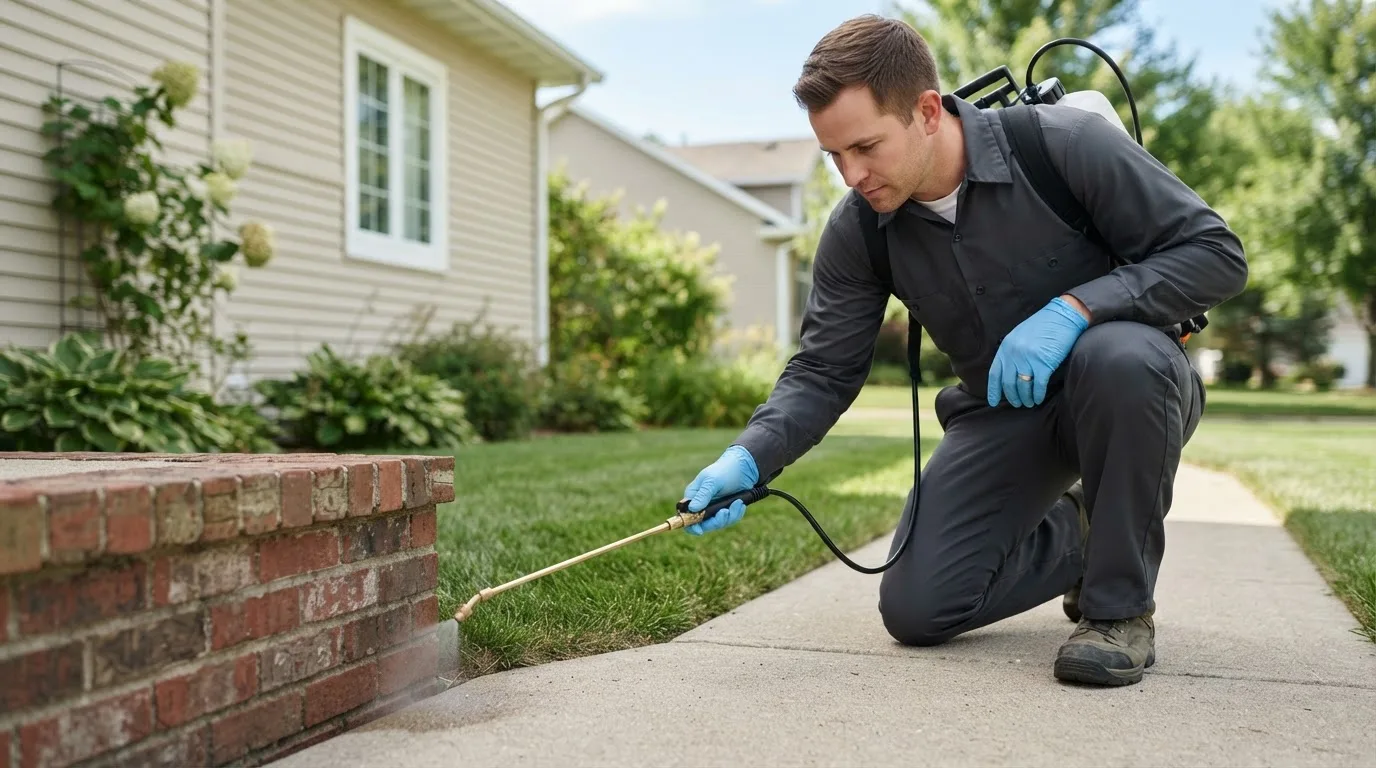 Pest control technician treating a home near Elwood, IN