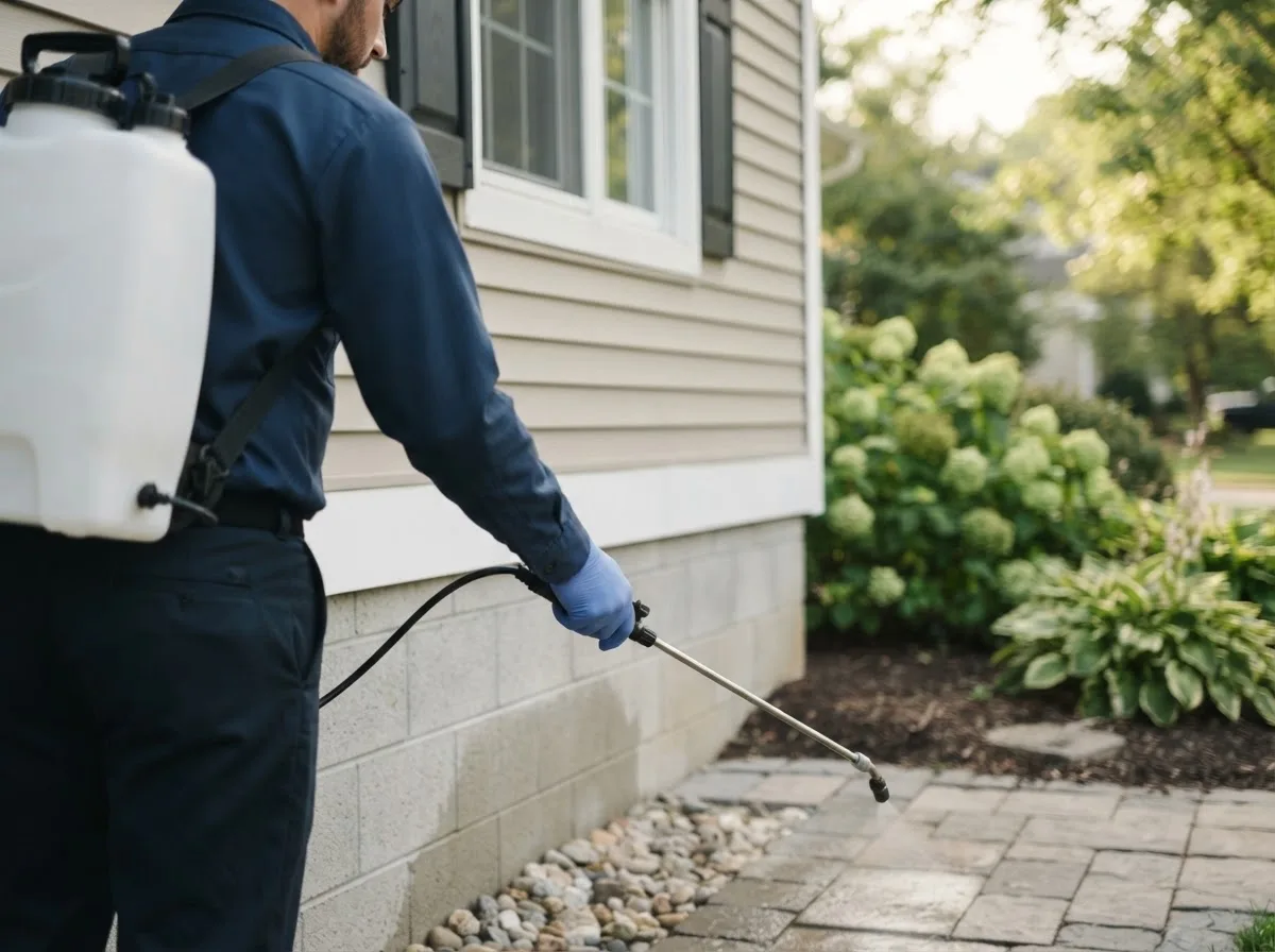 Pest control technician inspecting a home in Elwood, IN